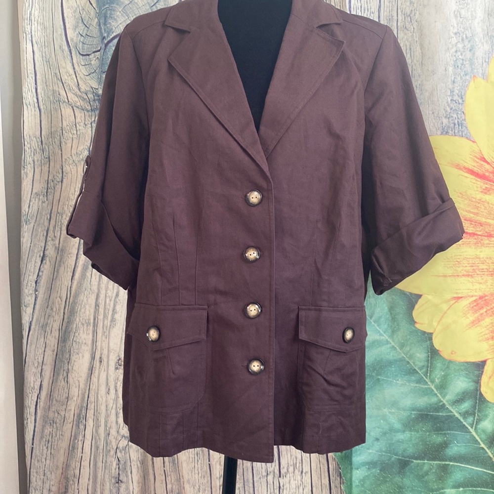 Lane Bryant short sleeve chocolate brown linen/cotton jacket. Size 18/20 NWT